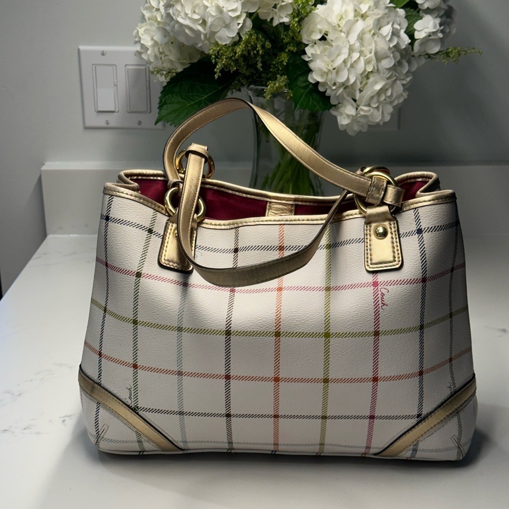 Coach Peyton Tattersall Plaid Rainbow White Shoulder/Tote Bag - Picture 16 of 16